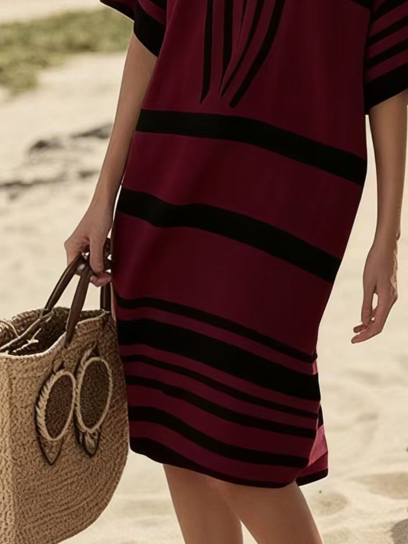 Plus size full size striped half sleeve midi dress in black and white