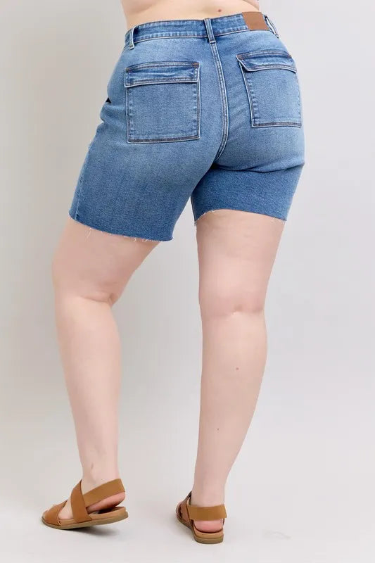 Judy Blue full size mid-rise bermuda denim shorts with back flap pockets and raw hem