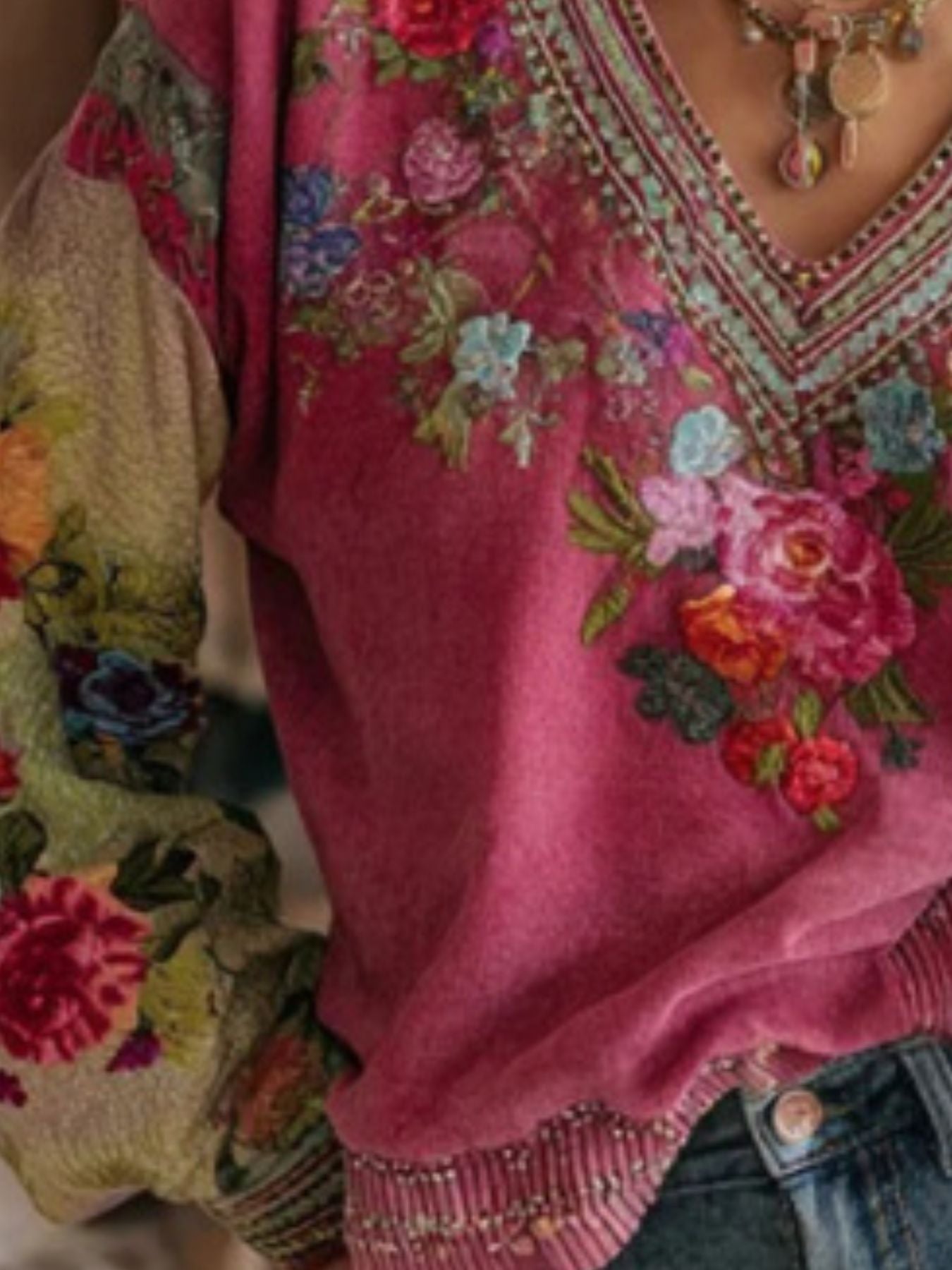 Plus size full size floral blouse with embroidered detail and V-neck design