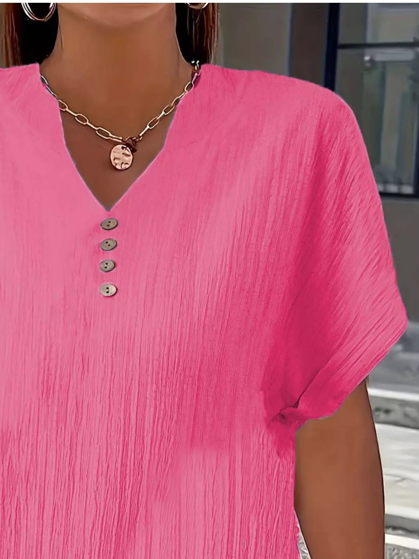Plus size notched short sleeve textured top with decorative button in various sizes