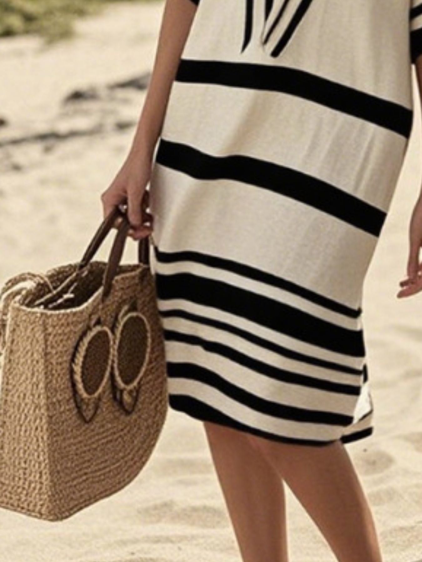 Full size striped half sleeve midi dress plus size on mannequin