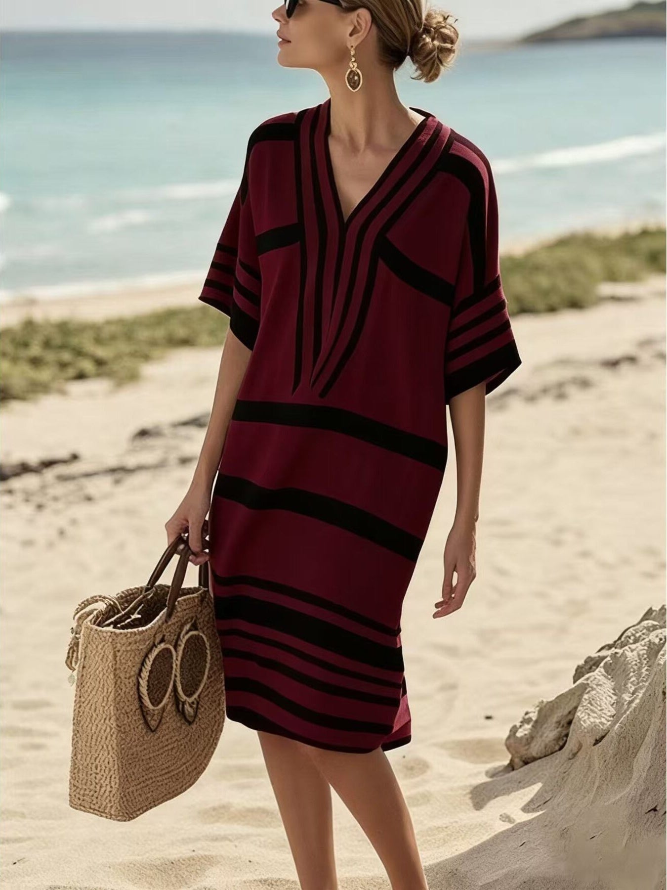 Plus size full size striped half sleeve midi dress with no stretch and basic style