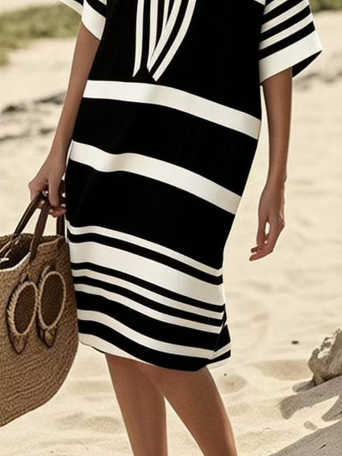 Plus size full size striped half sleeve midi dress with no stretch and basic style