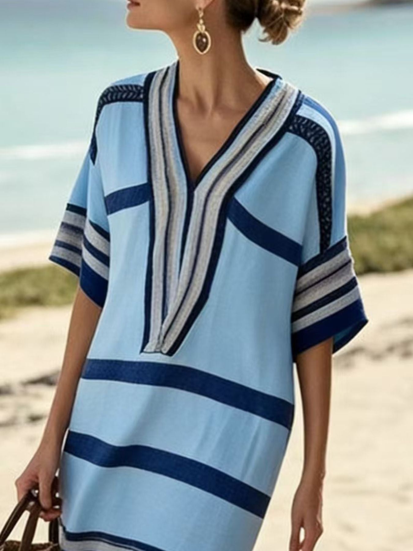 Full size striped half sleeve midi dress plus size cotton blend fabric