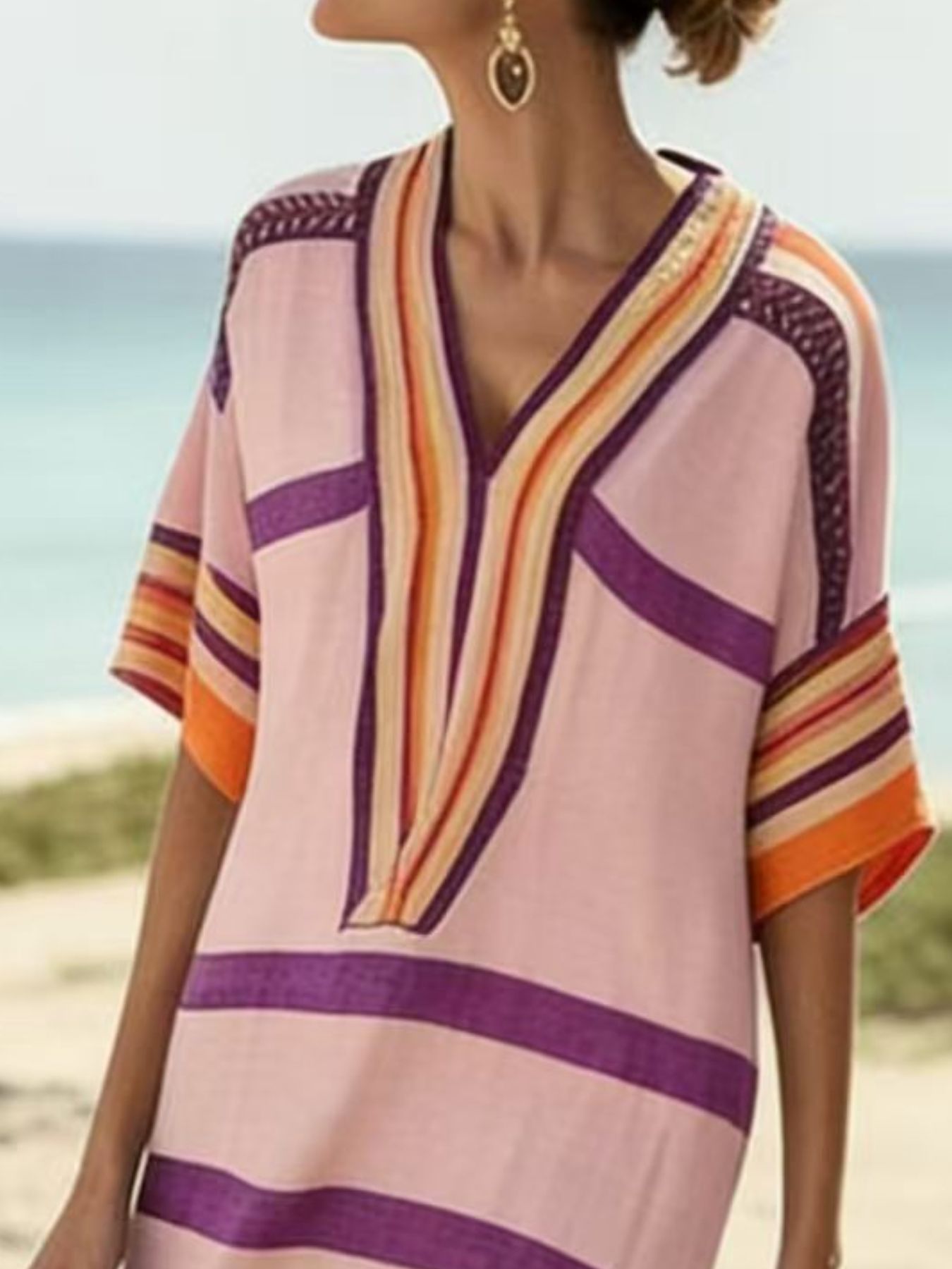 Full size striped half sleeve midi dress plus size in basic style, non-stretch polyester blend fabric