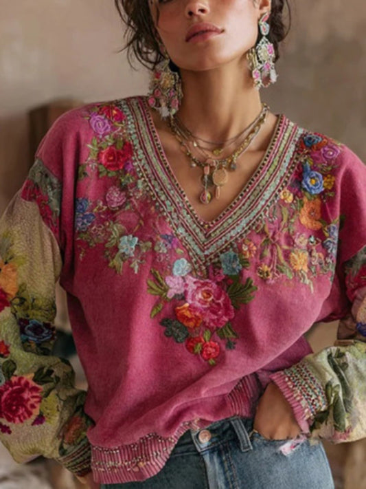 Plus size full size floral blouse with embroidered V-neck, no stretch, polyester blend, machine washable