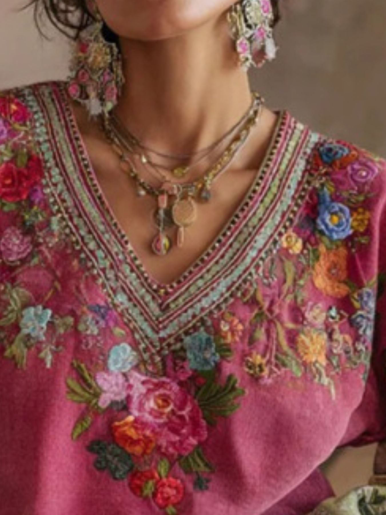 Full size plus size floral embroidered V-neck blouse with no stretch polyester blend
