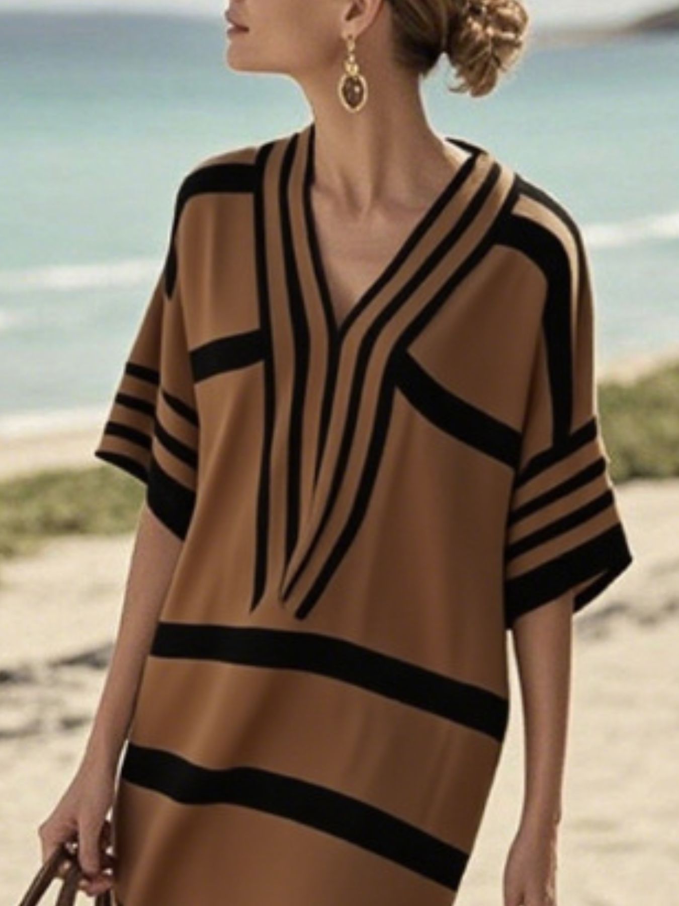 Full size striped half sleeve midi dress plus size on model