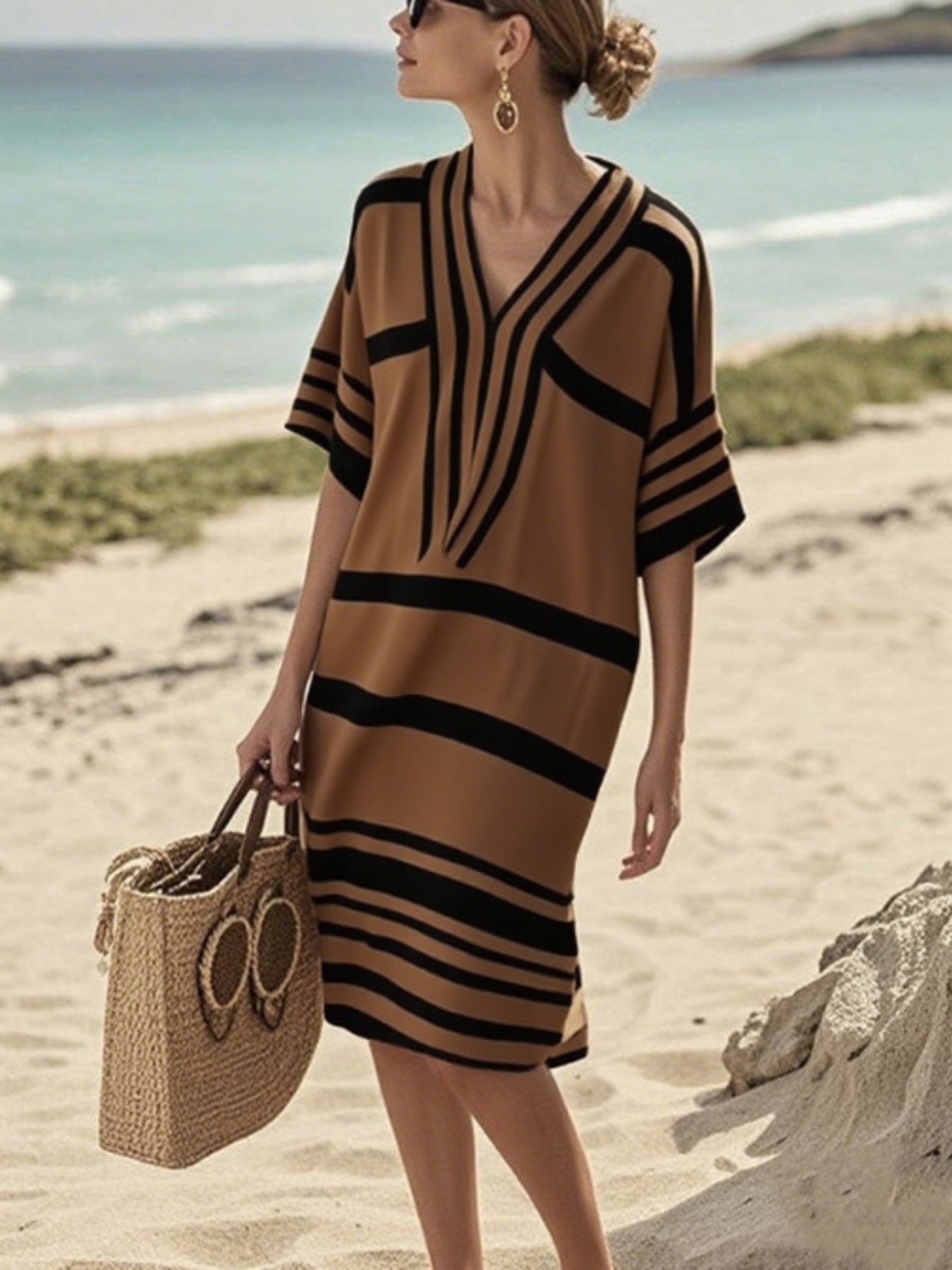 Plus size full size striped half sleeve midi dress in blue and white with no stretch and basic style