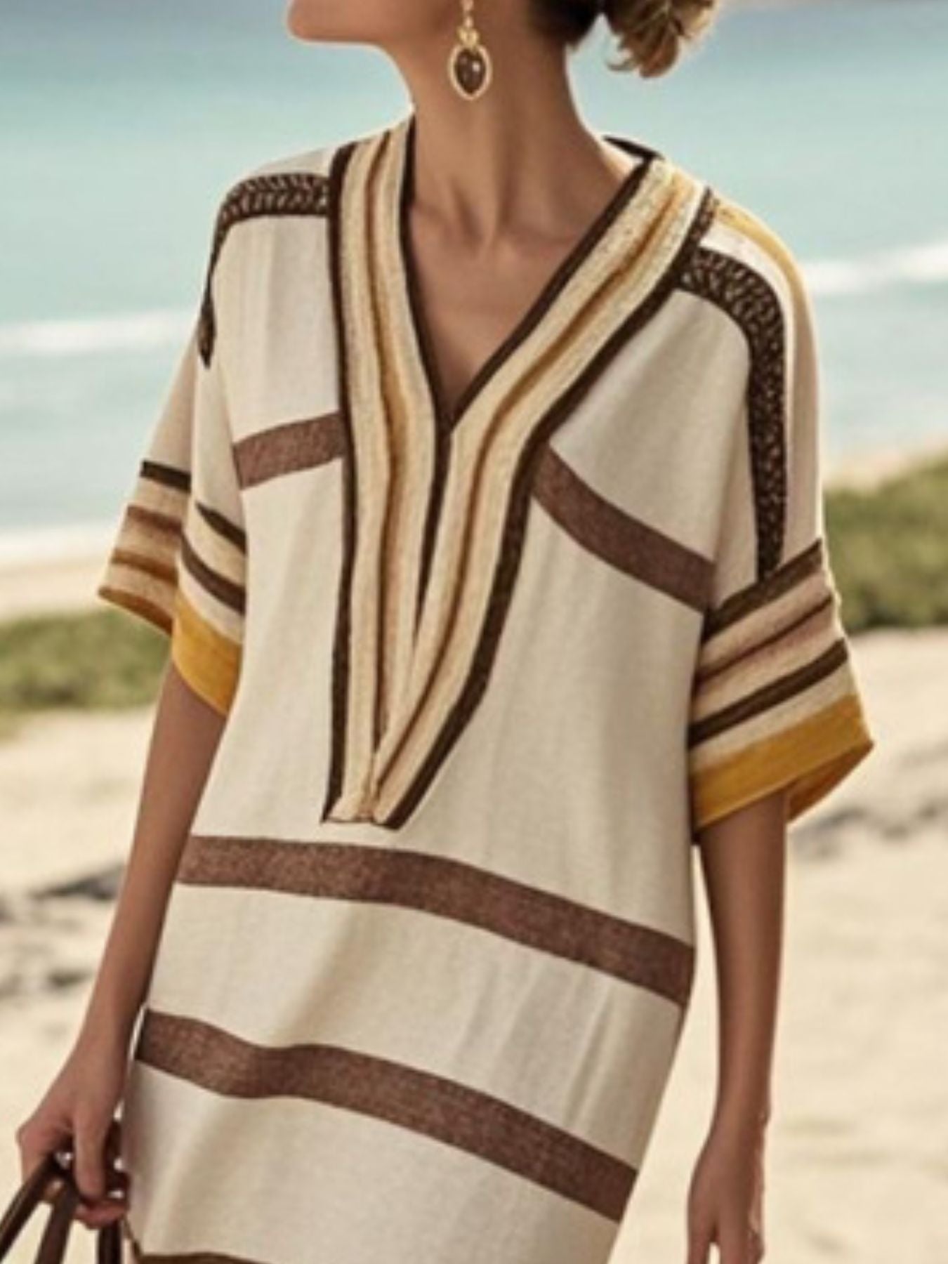 Plus size full size striped half sleeve midi dress with basic style and no stretch