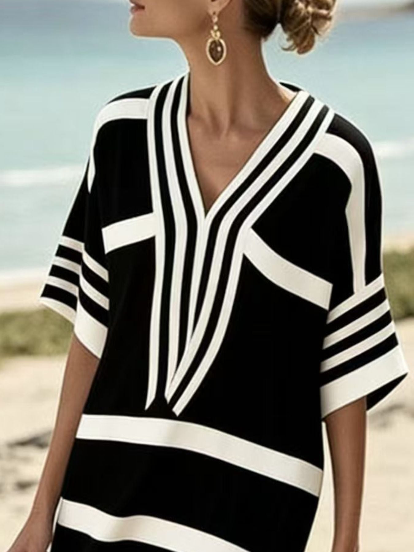 Plus size full size striped half sleeve midi dress with no stretch and basic style