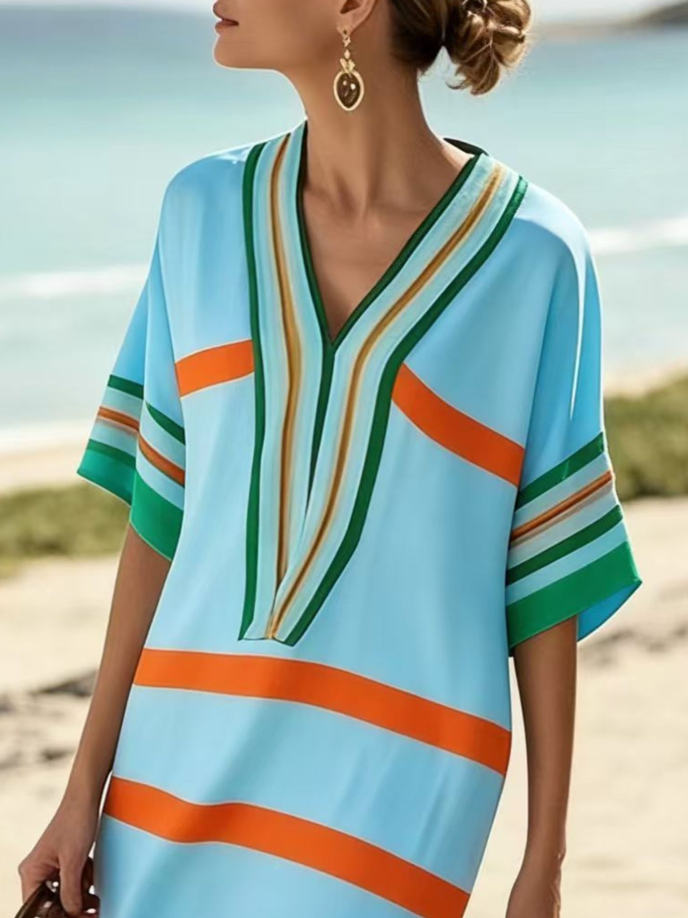Plus size full size striped half sleeve midi dress on mannequin