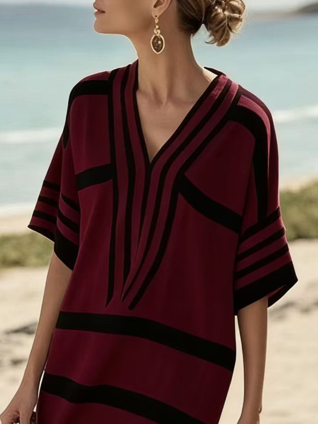 Plus size full size striped half sleeve midi dress with basic style and no stretch