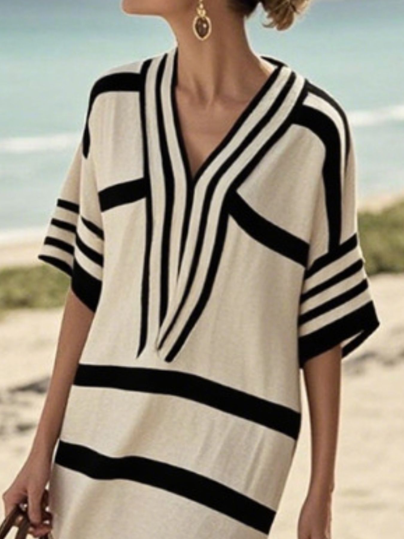 Full size striped half sleeve midi dress plus size in basic style