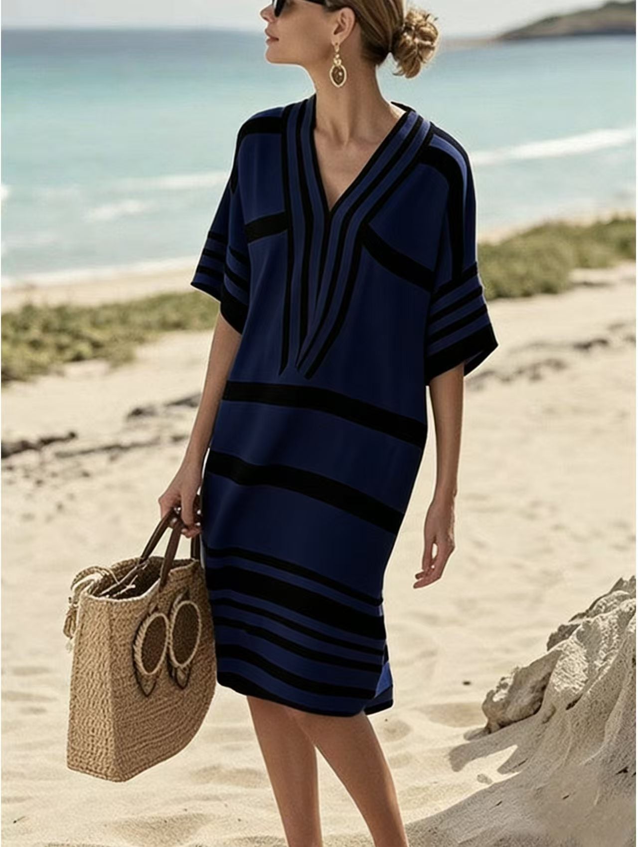Plus size full size striped half sleeve midi dress with no stretch and machine washable fabric
